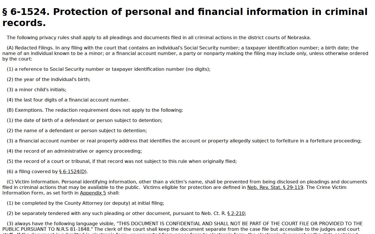 Frontier County criminal court docket Nebraska criminal filing redaction rule