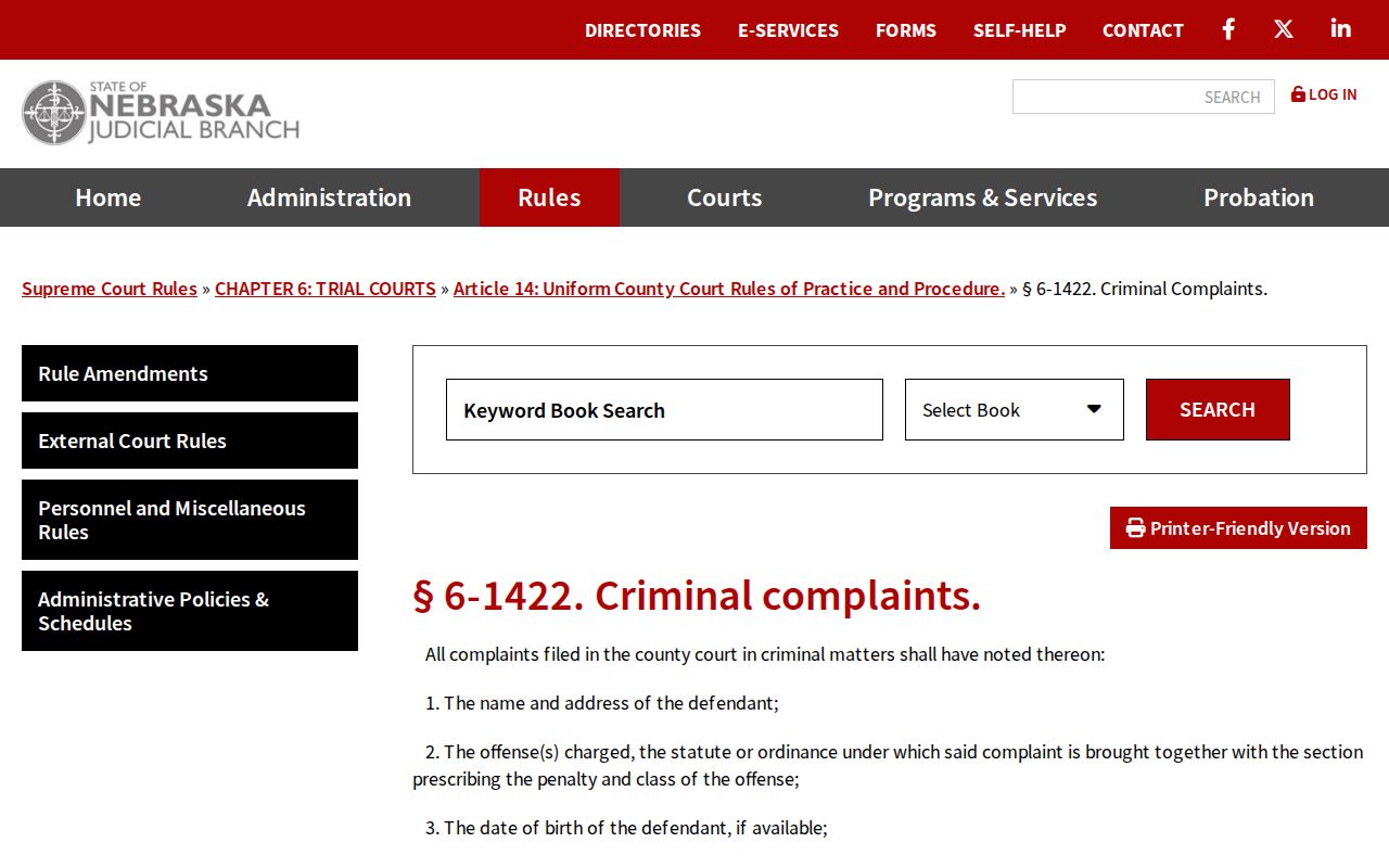 Frontier County criminal court docket Nebraska criminal complaint rule