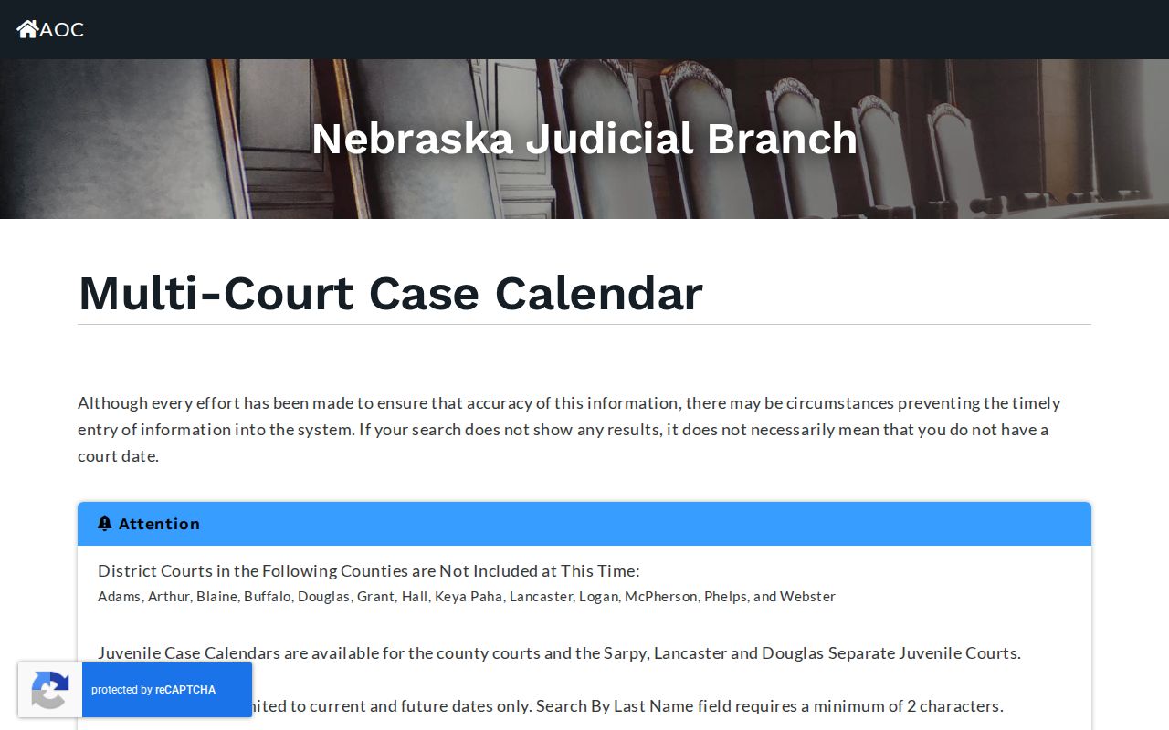 Frontier County court docket calendar search controls